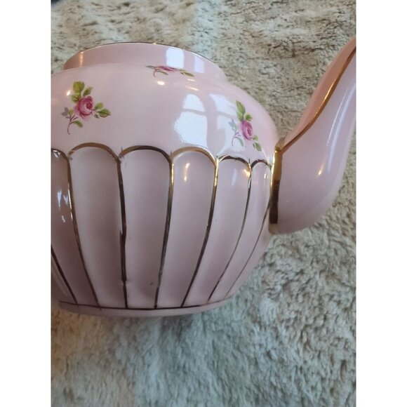 Vtg Sadler Pale Pink Chintz Teapot Roses Gold Trim Round Top Made in England 9x5 - Picture 6 of 16